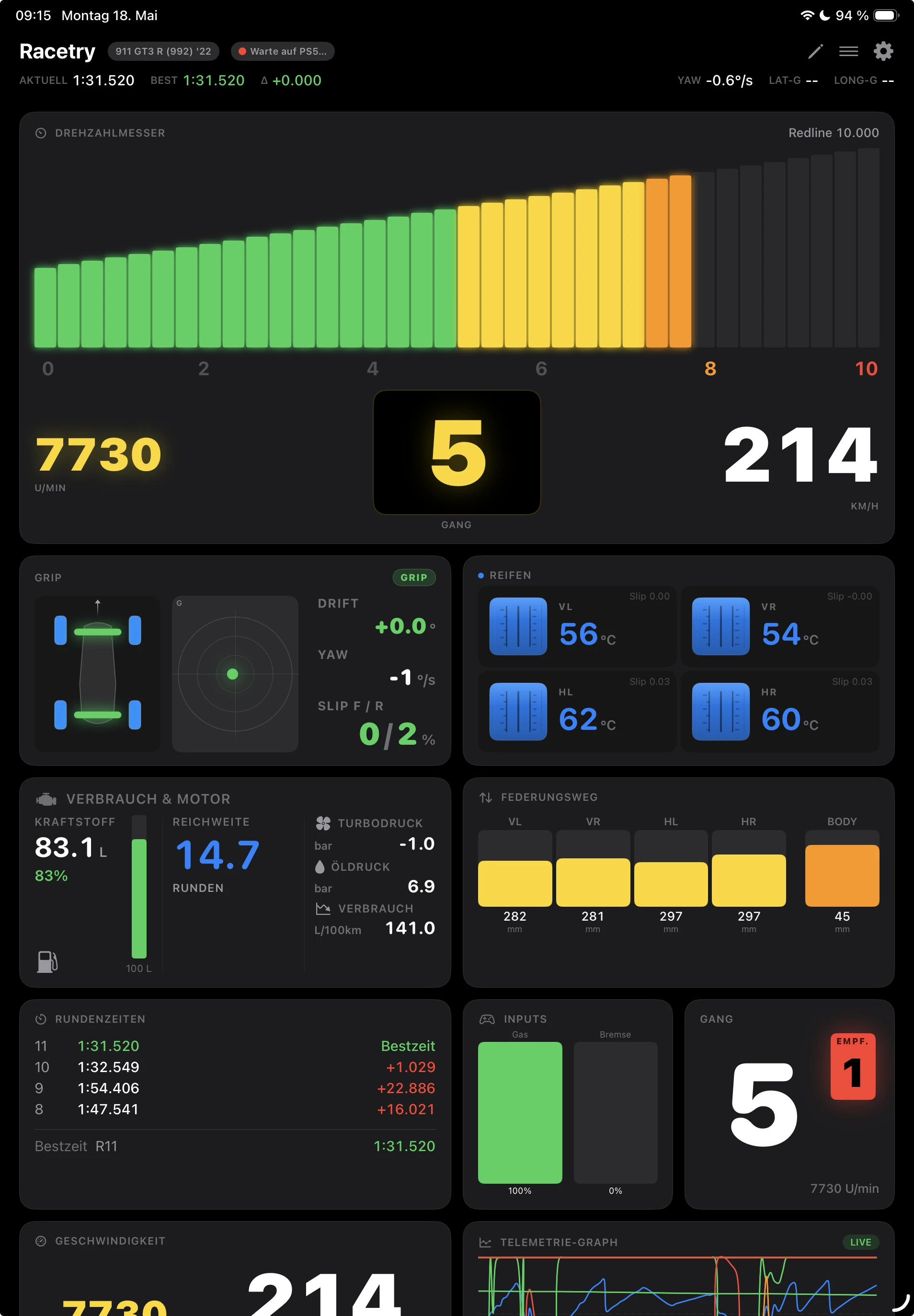 Racetry on iPad – cockpit layout in portrait
